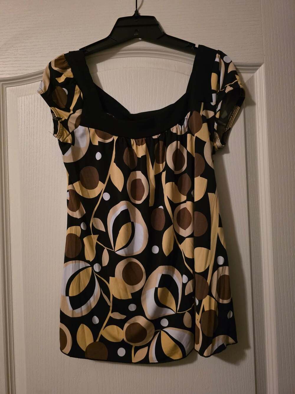 Retro Floral Geometric Print Short Sleeve Square Neck Top Size 1X